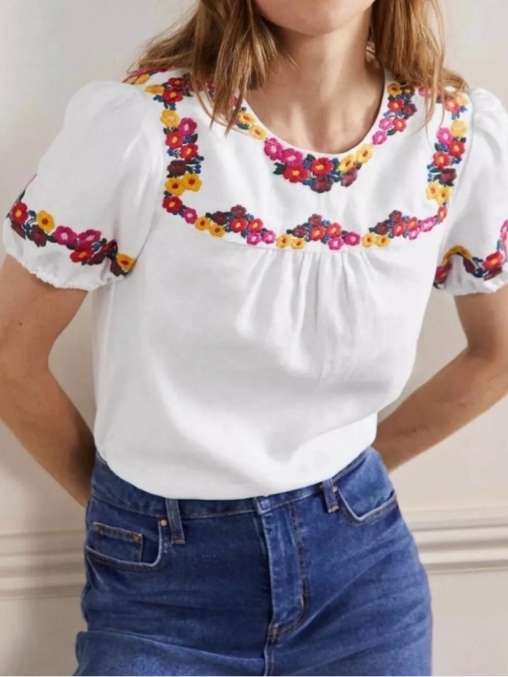 Boden White Linen Multi-Color Embroidered Floral Puff Sleeve Blouse Size 12
